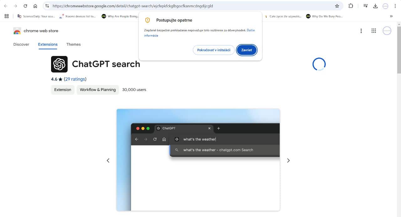Google Chrome upozornenie ChatGPT search je nedoveryhodne rozsirenie