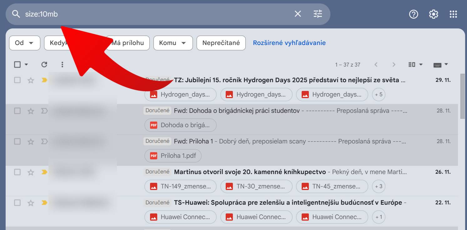ako odstranit velke e-maily s prilohami z gmailu cez operator size