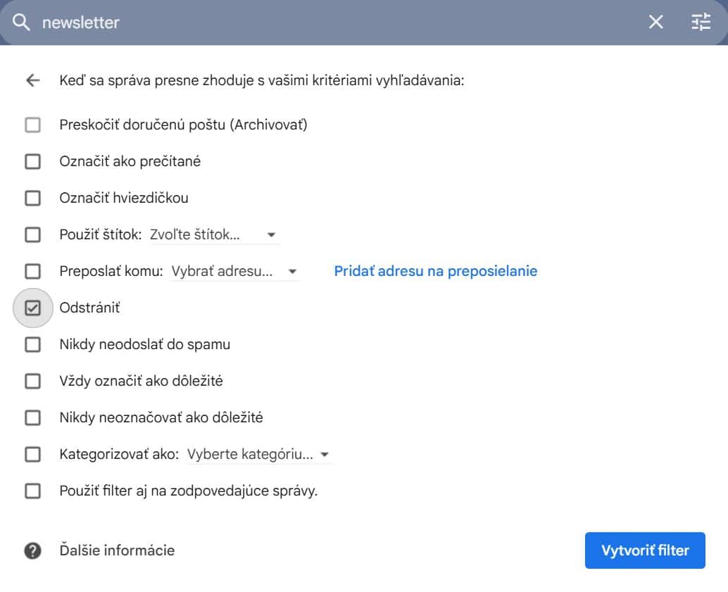 gmail filter automaticke mazanie sprav