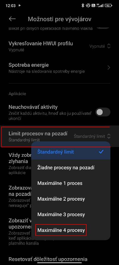 obmedzenie procesov na pozadi Xiaomi telefon