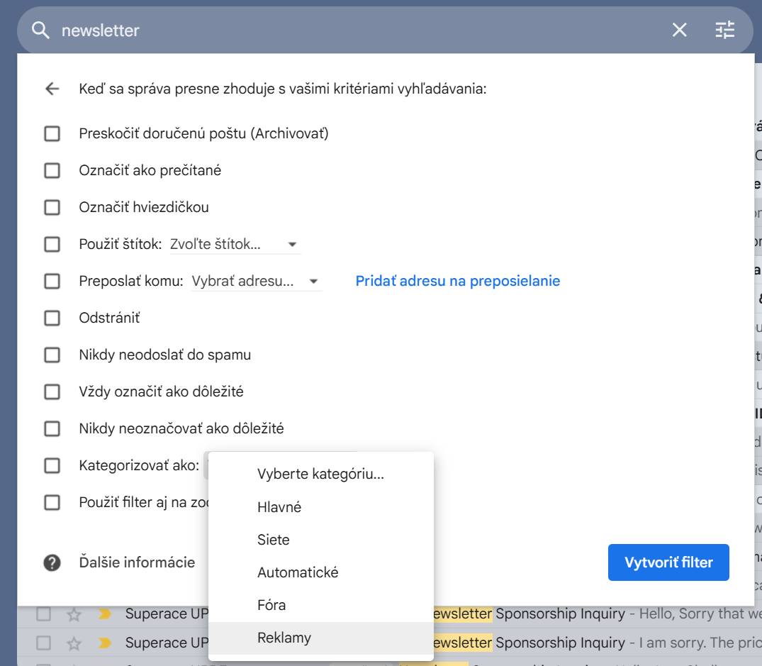 vytvorenie filtra_presmerovanie reklamnych e-mailov