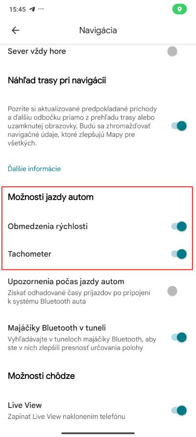 Google Mapy_nastavenie tachometra a upozorneni na rychlost_2
