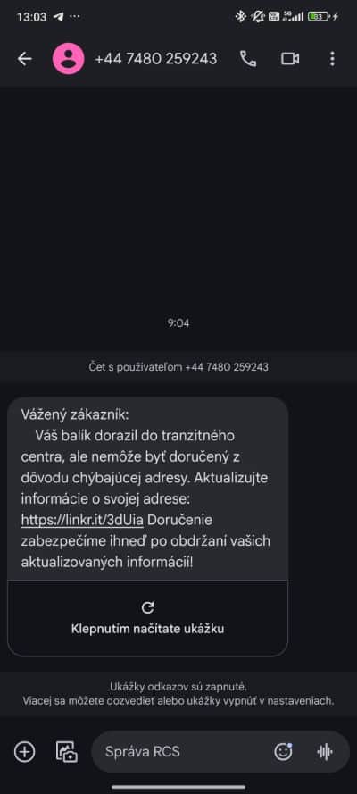 SMS podvod s dorucenim balika