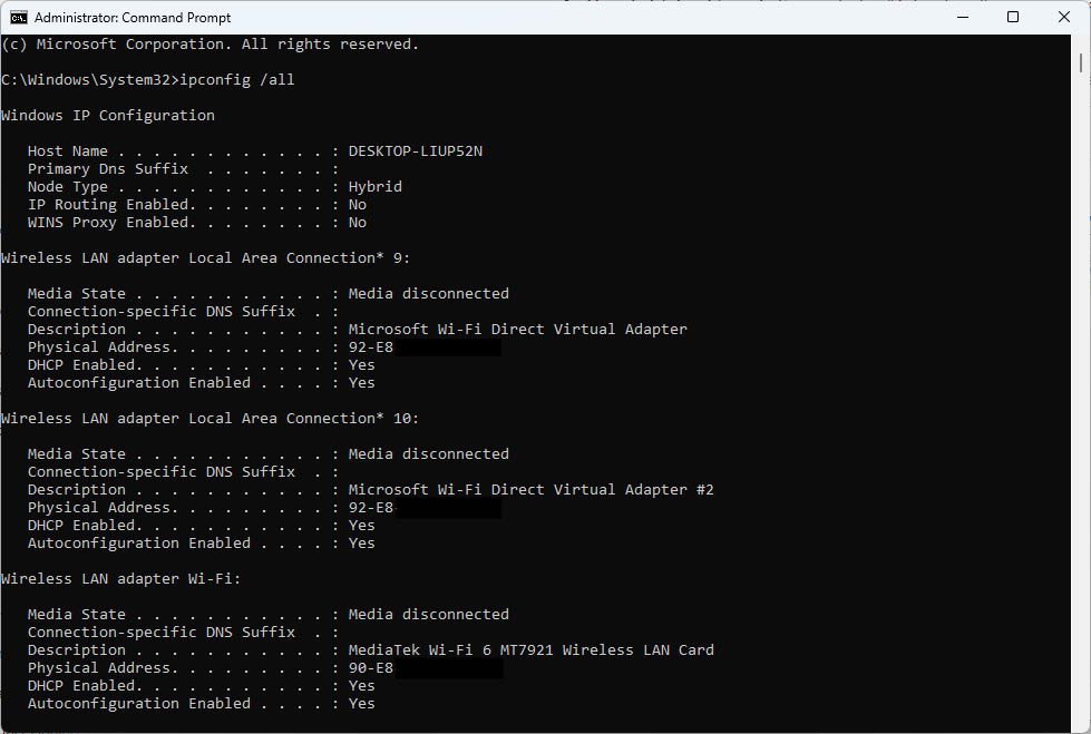 vystup prikazu ipconfig /all v prikazovom riadku