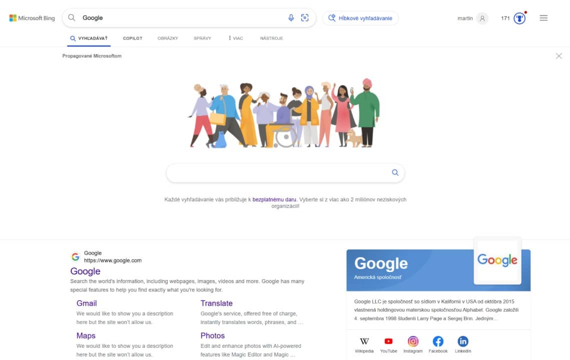 Bing vysledok vyhladavania Google