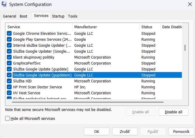 aplikacie a procesy ktore chceme zastavit vo windows pri spustani zariadenia