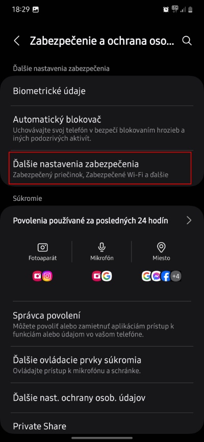 dalsie nastaveni zabezpecenie