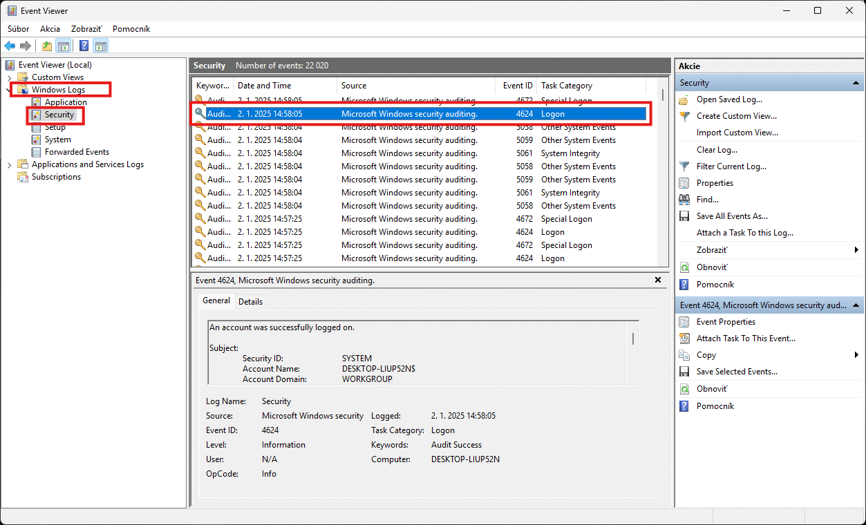event viewer protokl udalosti s vyznacenim na login