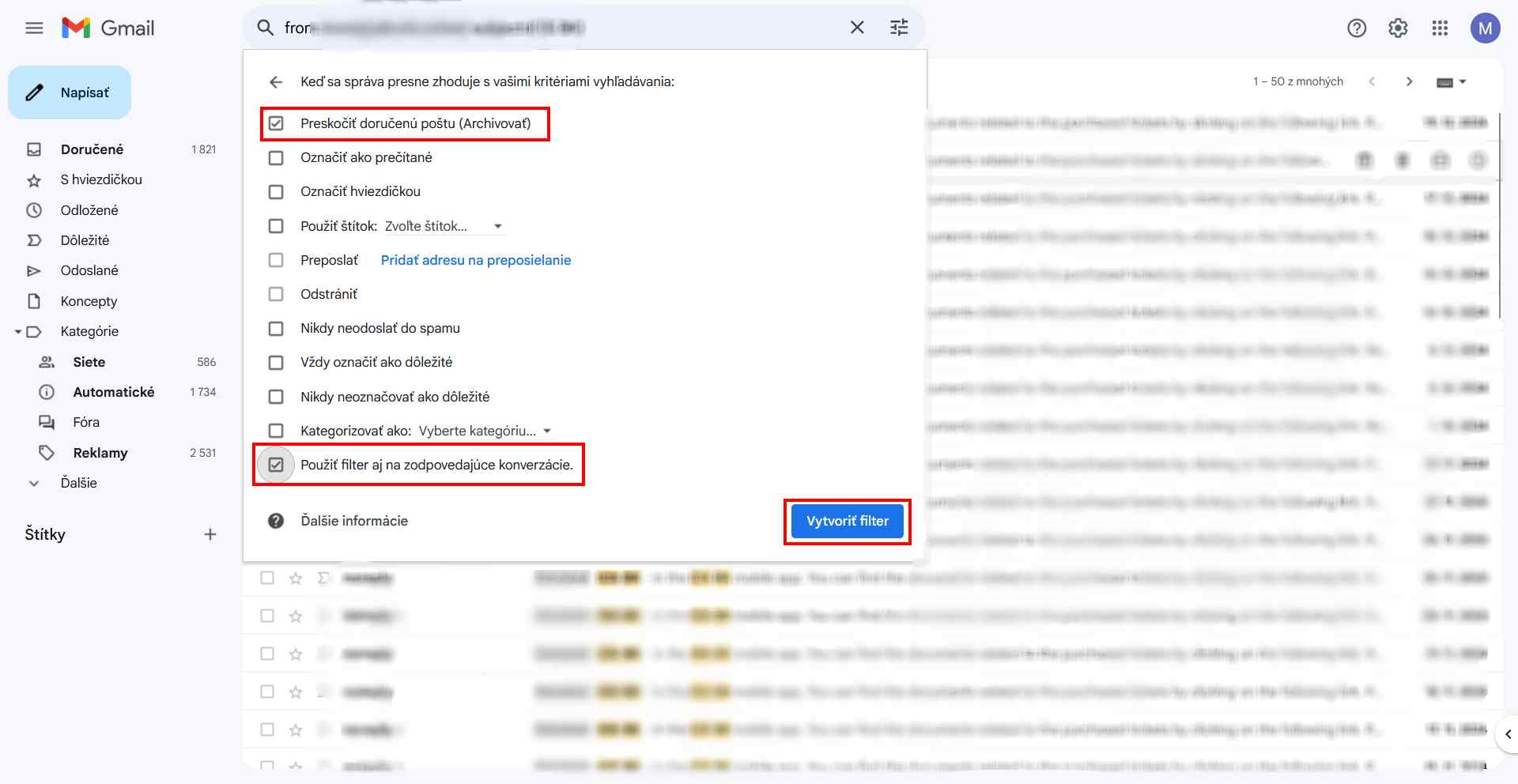 gmail filtre 3 krok