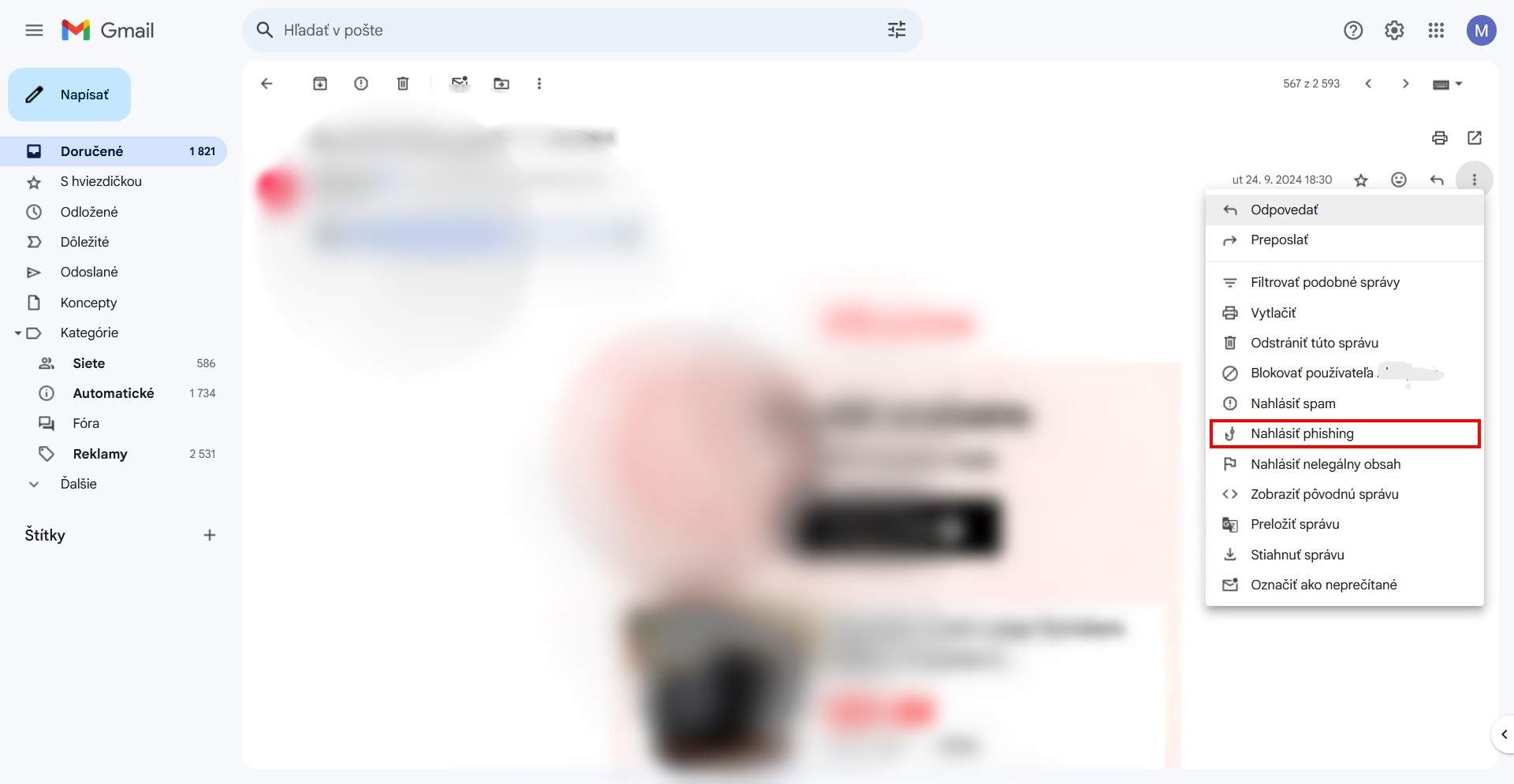 gmail nahlasit phishing