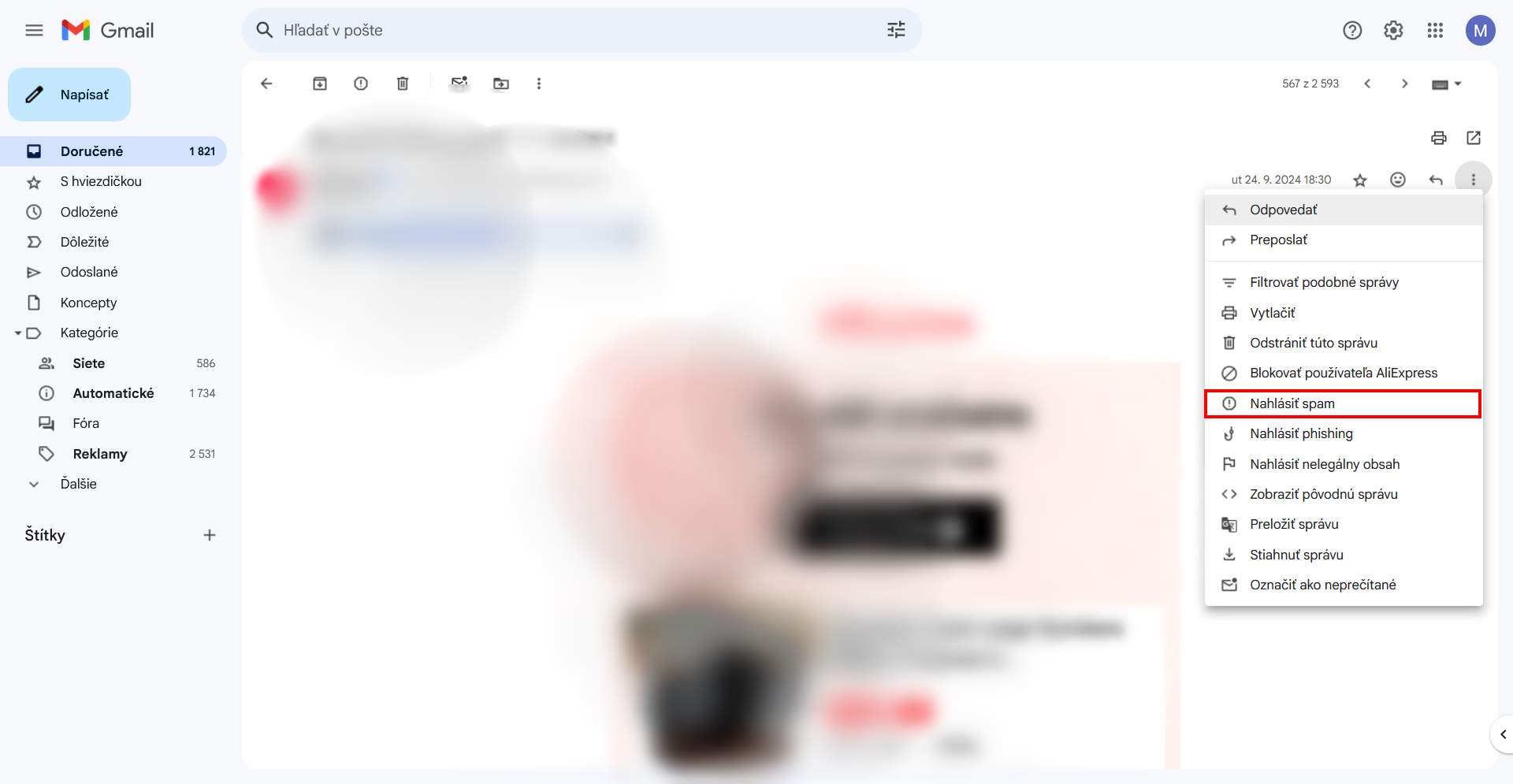 gmail nahlasenie spamu