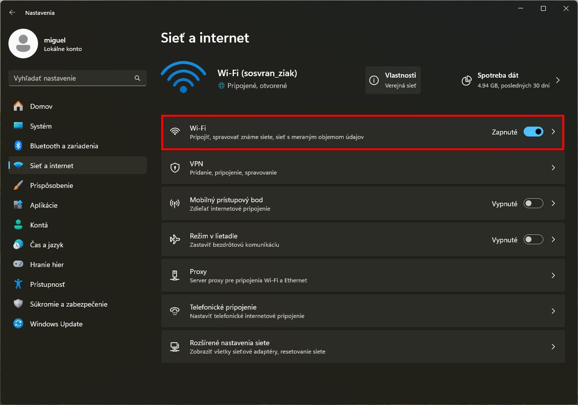 Nastavenia windows wifi 2