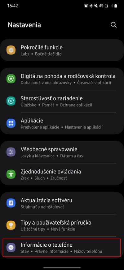 informacie o telefone samsung nastavenia