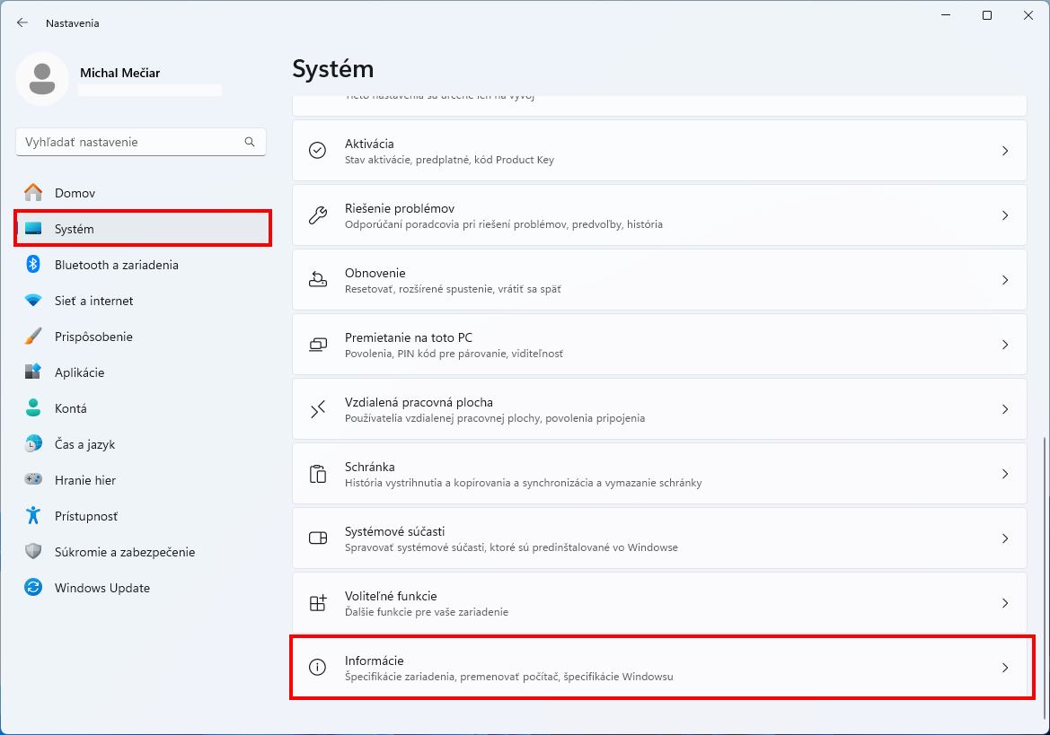 nastavenia systemove informacie