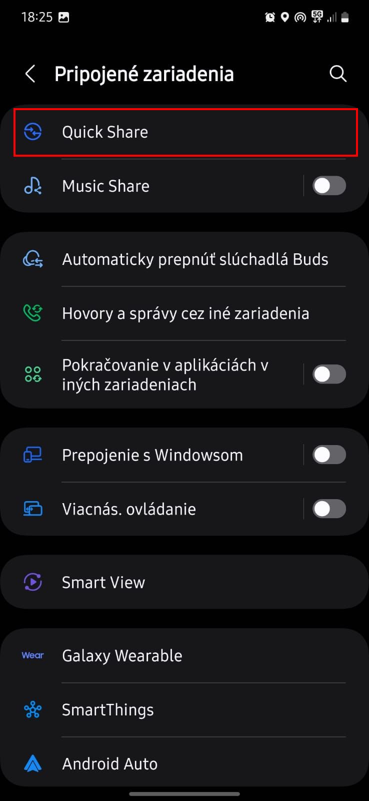 zapnutie quick share druhy krok