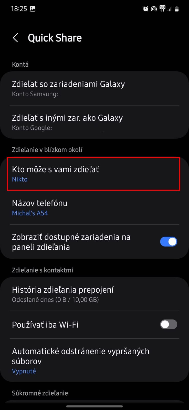 zapnutie quick share treti krok