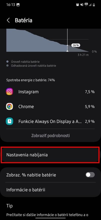 Zvolenie nastavenia nabijania samsung nastavenia baterie treti krok