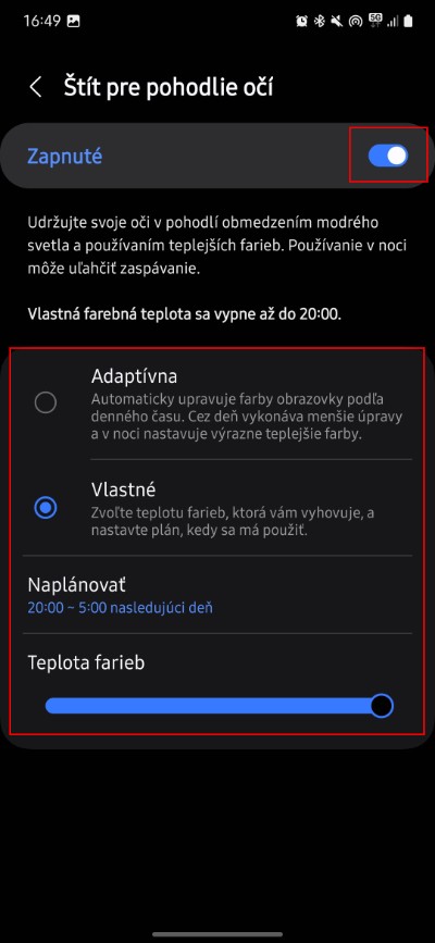 stit pohodlia samsung nastavenia