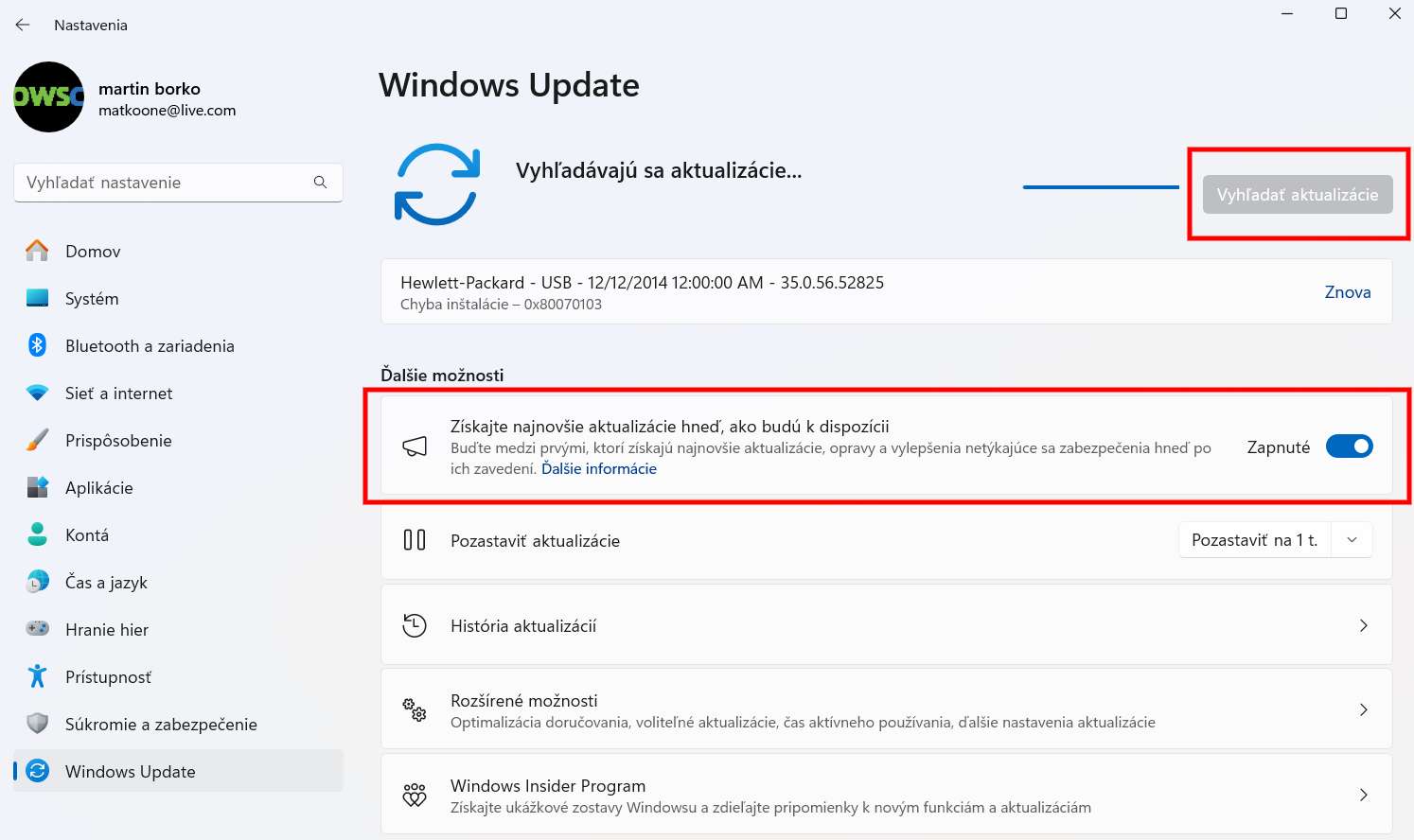vyhladania Windows aktualizacie
