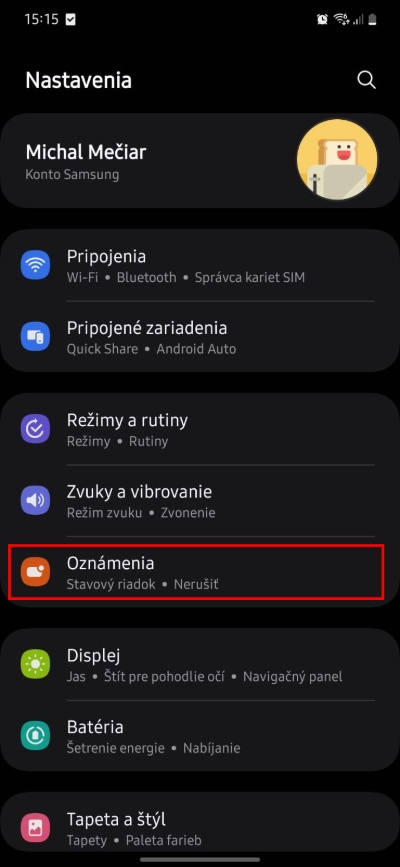 oznamenia samsung nastavenia