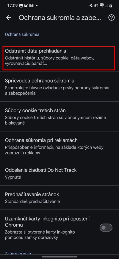 odstranit data prehliadania