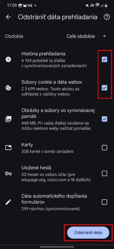 odstranit data prehliadania
