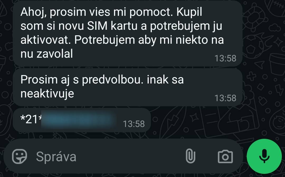 priklad podvodnej spravy na presmerovanie hovoru