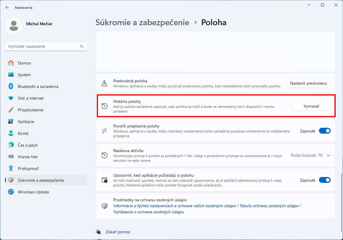 vymazat historiu poloha