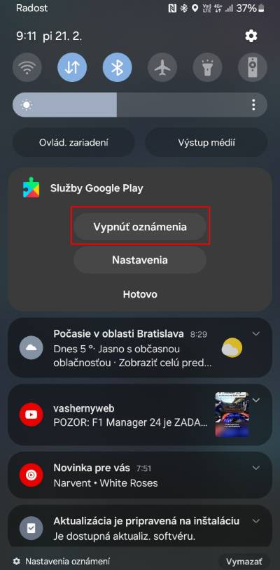vypnutie upozorneni aplikacie cez notifikacnu listu