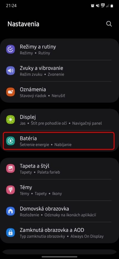samsung nastavenia bateria