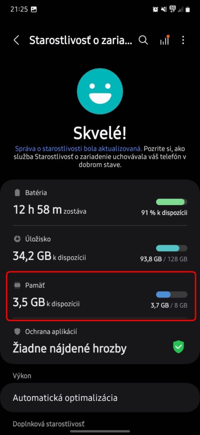 samsung nastavenia pamat