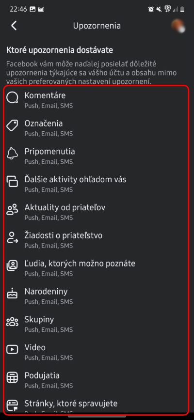 facebook nastavenia upozornenia