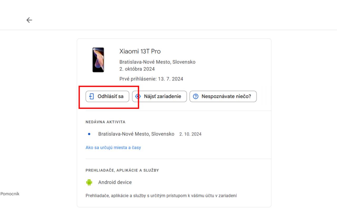 odhlasenie neznameho zariadenia z Google uctu