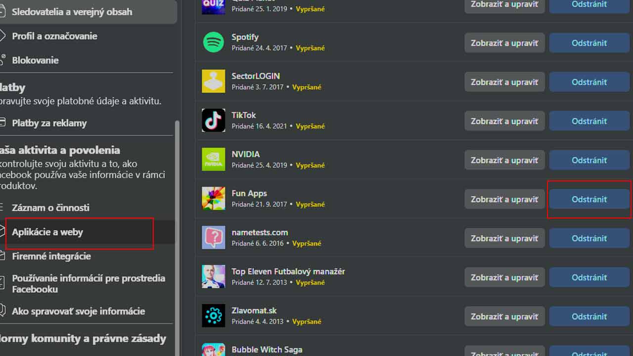 Ako odstrániť aplikácie a weby z Facebooku?