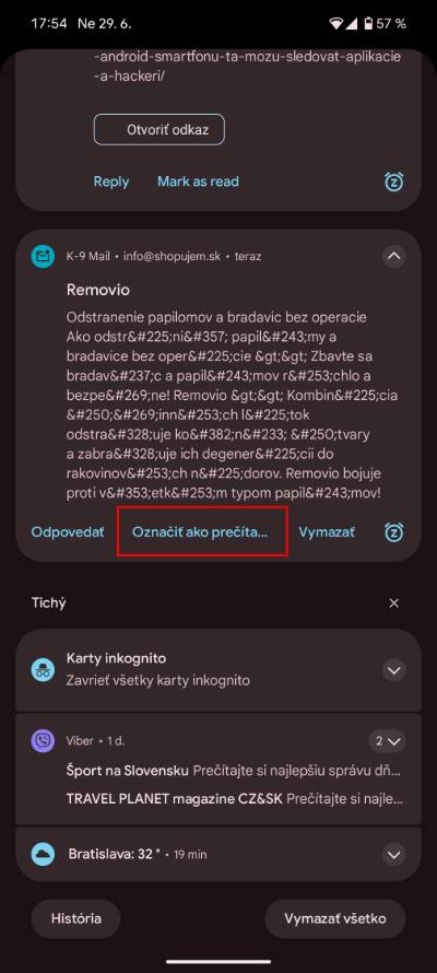gmail notifikacna lista oznacenie spravy ako precitanej