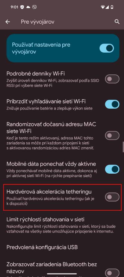 vyvojarske nastavenia_2_aktivovanie hardverovej akceleracie tetheringu