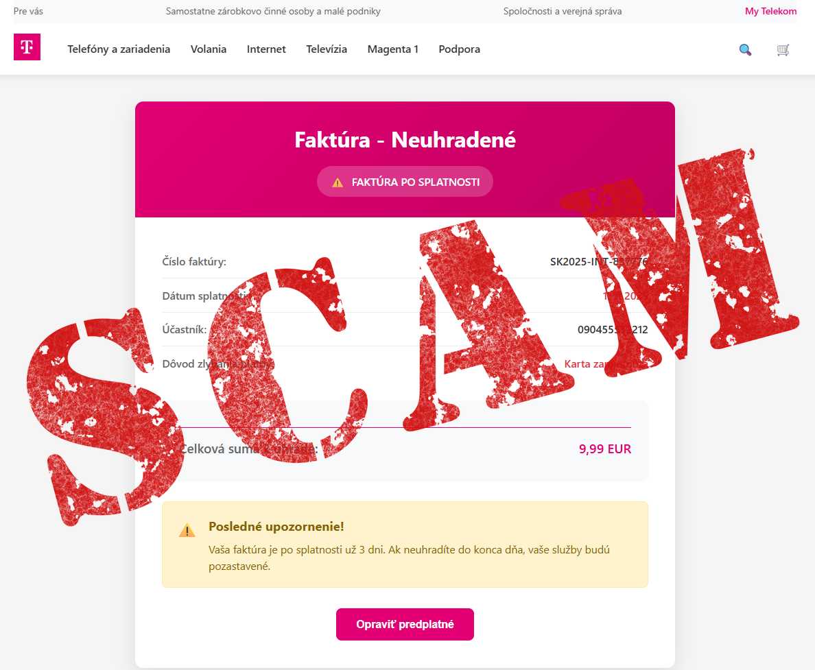 podvodny web telekom nezaplatena faktura