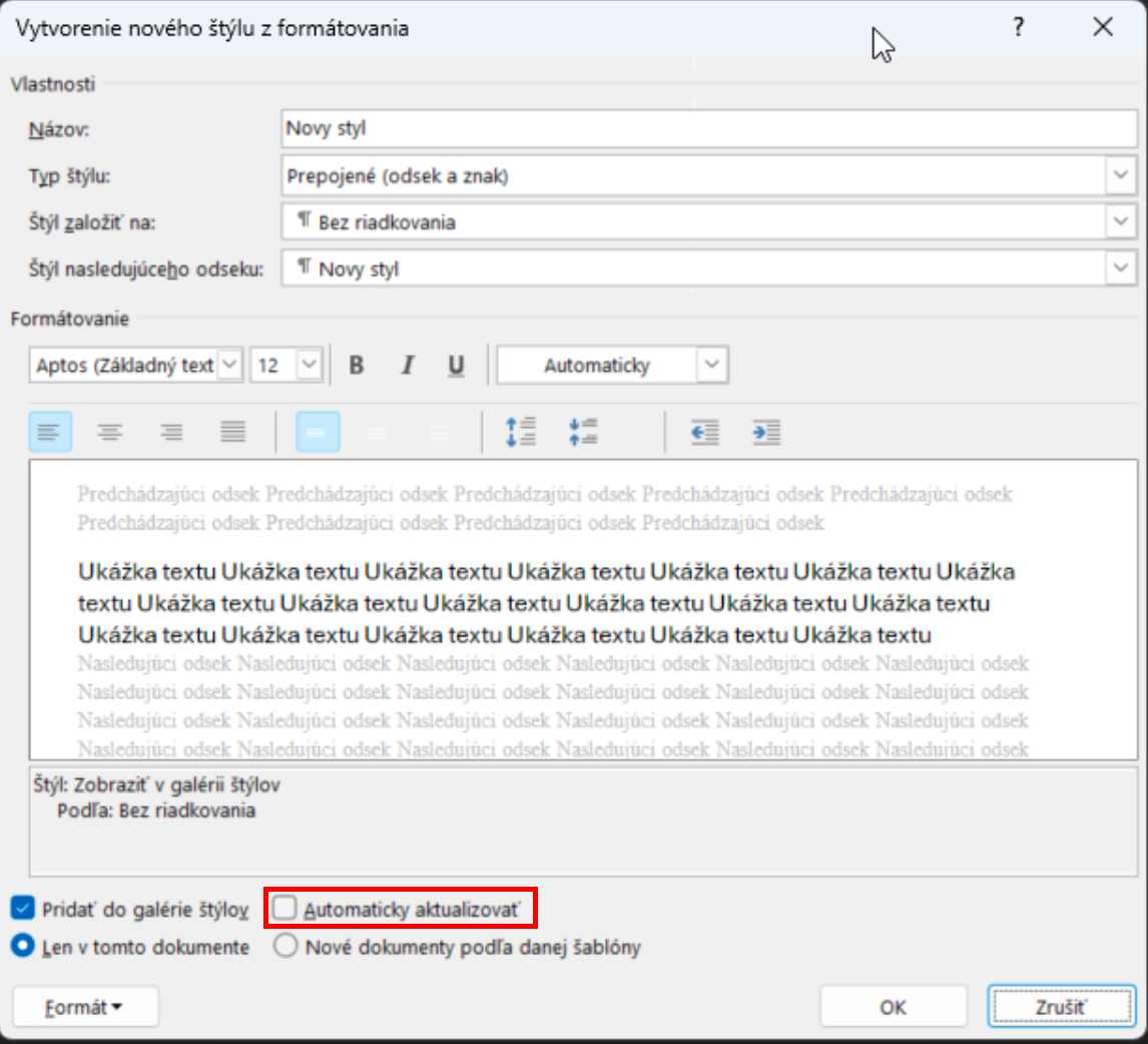 word styly automaticky aktualizovat