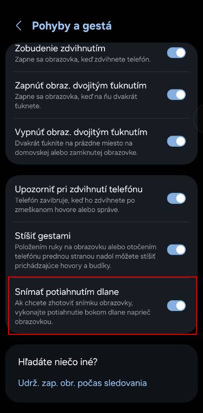 samsung vytvorenie screenhostu gestom potiahnutia dlane