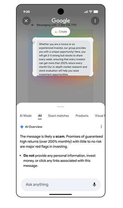 Google vylepšuje circle to search, pomôže ti vysvetliť podvody
