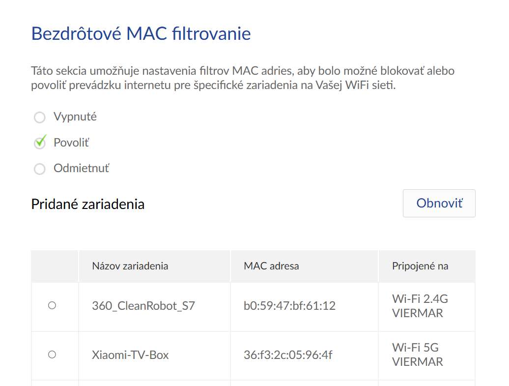 mac filtrovanie wi-fi siete