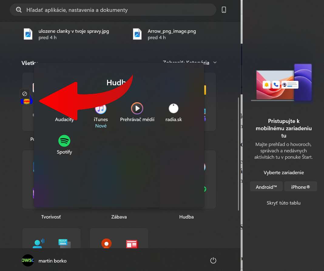nova ponuka Windows Start pokus o prenos aplikacie do iného kastlíka