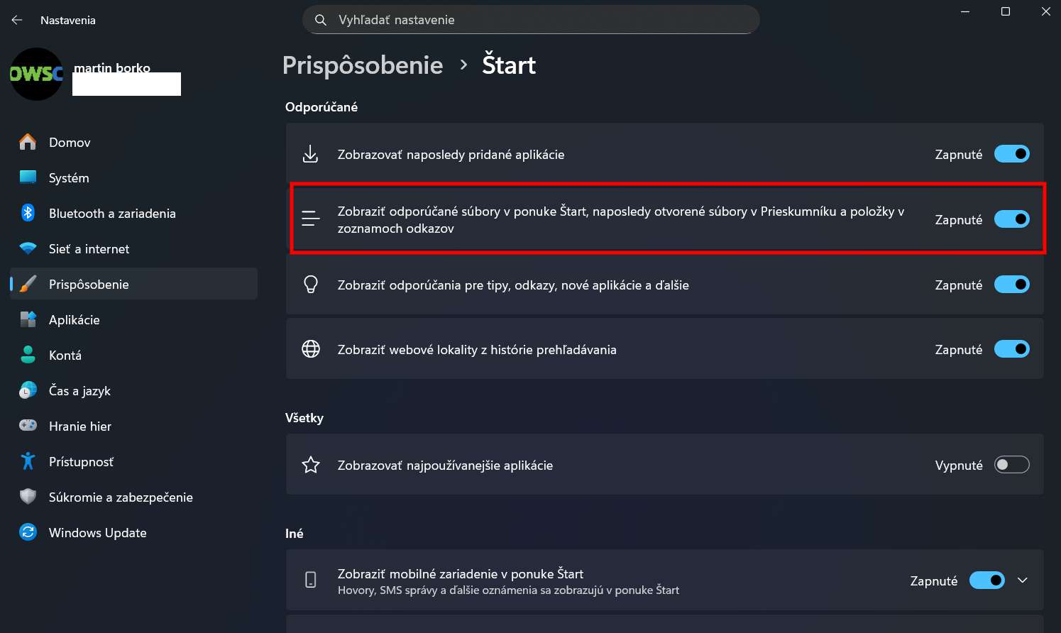 vypnutie okna odporucane v ponuke Windows Start