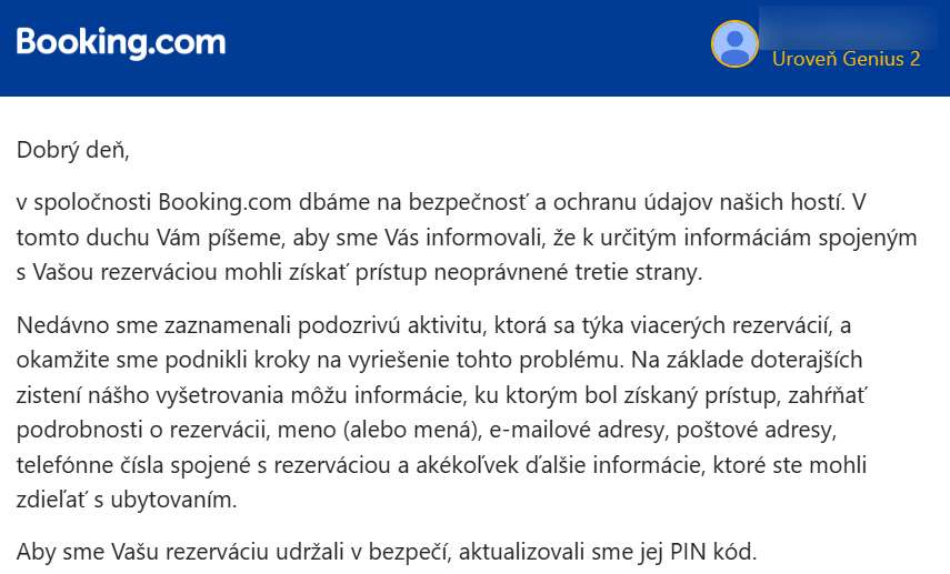 bezpecnostny email od bookingu