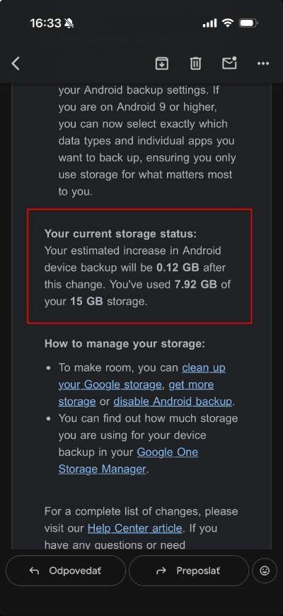 Google zalohy telefonu sa pocitaju do 15 GB