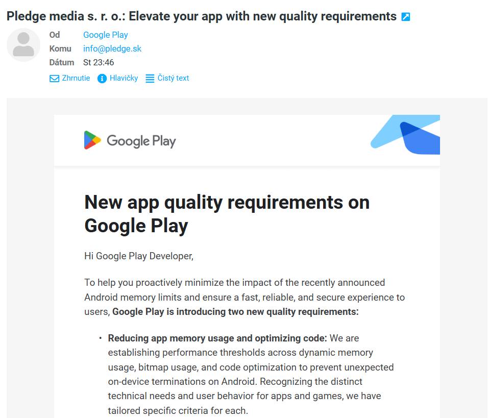 Google Play oznamenie pre vyvojarov RAM pamat