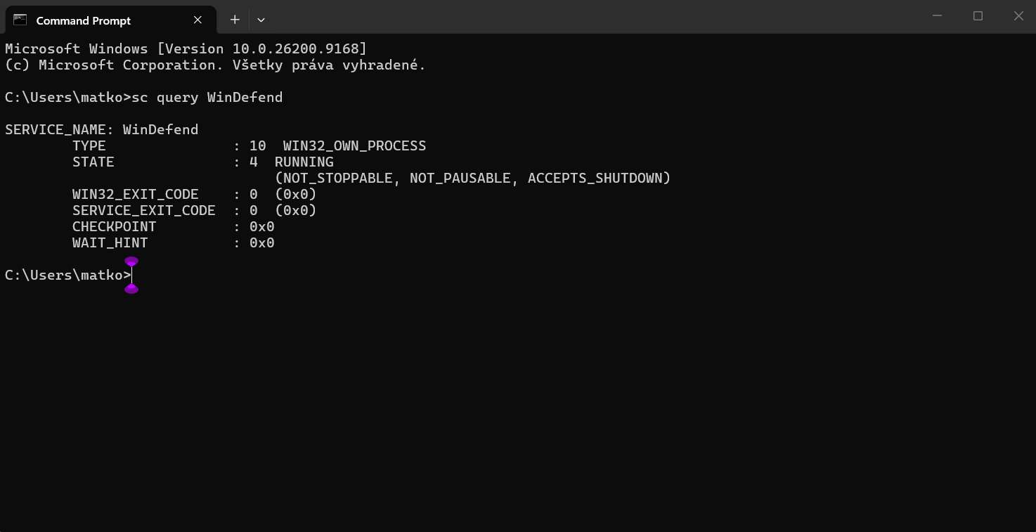 priakzovy riadok kontrola Windows defender