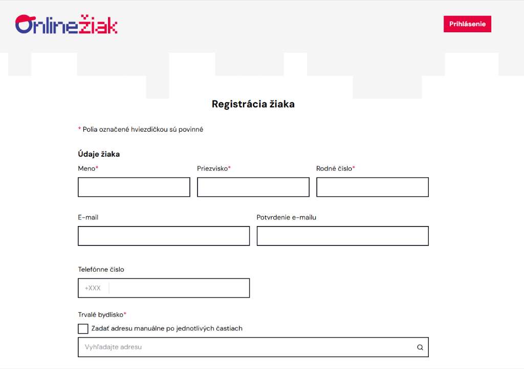 online ziak internet registracia formular